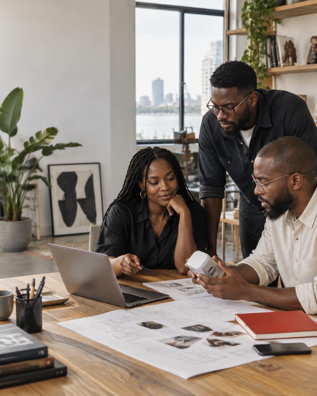 Three Black venture builders reviewing a product prototype together